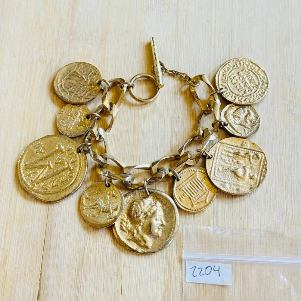 Runway Charm Bracelet VtG Greek Roman Coin Statement Dangle Gold Plated Chunky